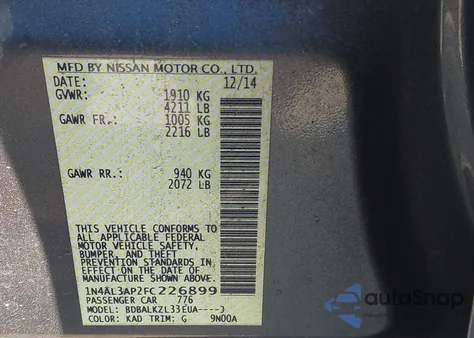 2015 Nissan Altima 2.5 Sv z USA, uszkodzony, nr VIN 1N4AL3AP2FC226899